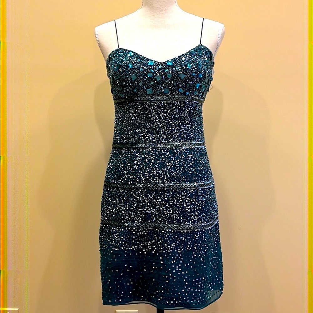 Aidan Mattox Blue and Green Mini Dress